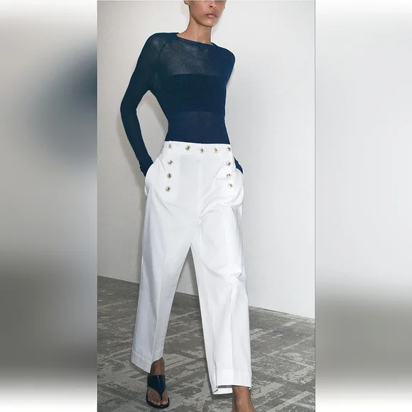 ZARA ZW COLLECTION OYSTER/WHITE BUTTONED PANTS  🤍🤍🤍 - Picture 2 of 3